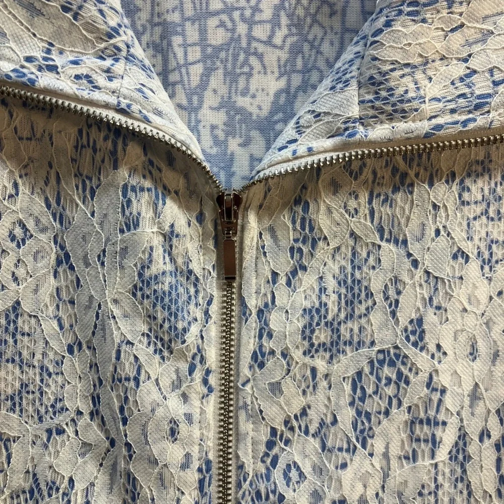 Grandmacore‎ Whimsy Fairycore Womens Blue White Lace Full Zip Jacket Mock Neck L
